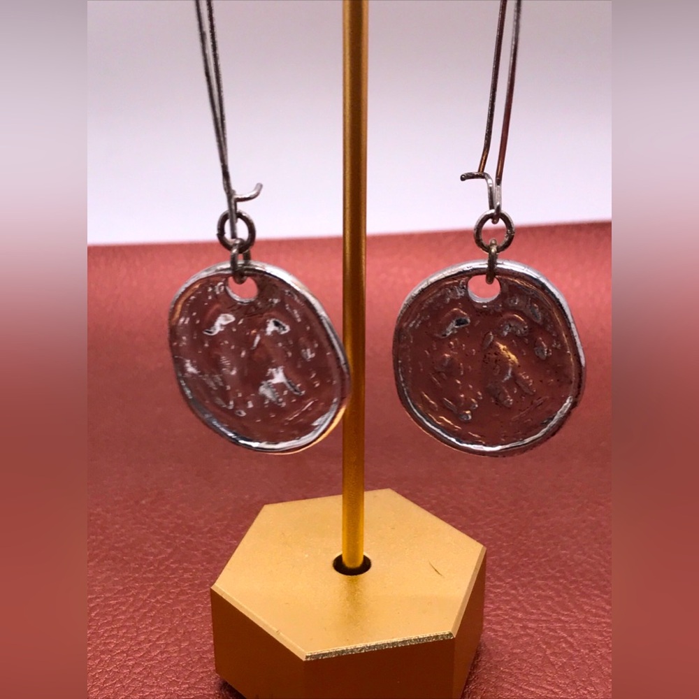 Hammered Silver Tone  French Wire Dangle Disk Oval Rhinestone Vtg. Earrings